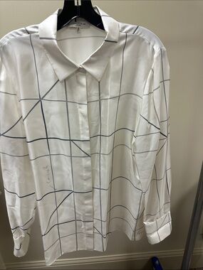 Lafayette 148 New York White Button-Down Shirt with Black Windowpane Grid